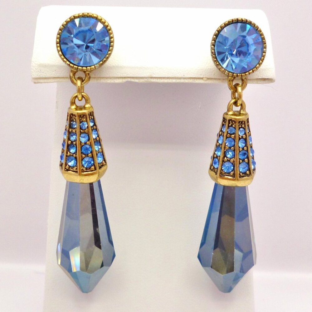 Heidi Daus Blue Dangle Earrings Swarovski Prism Crystals Signed Perfect 32160